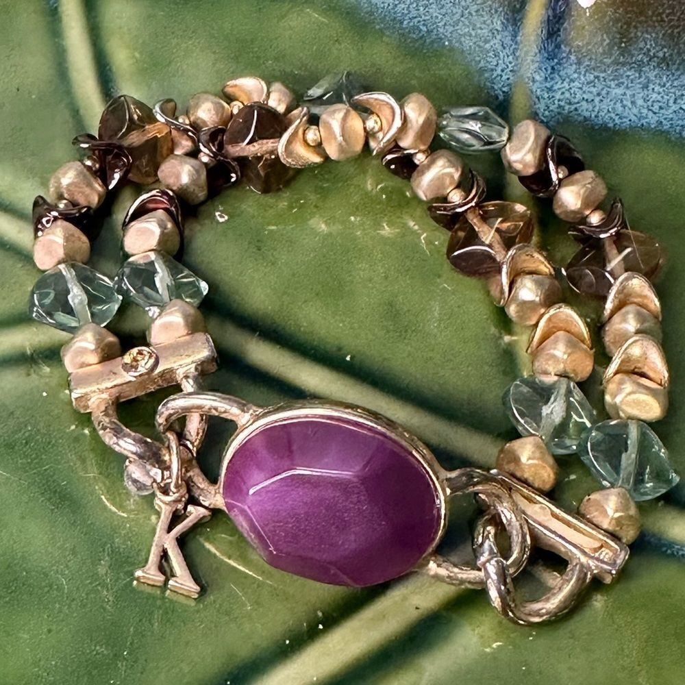 Vintage Gold Tone Bracelet Puple/Teal Accents K Hang Tag